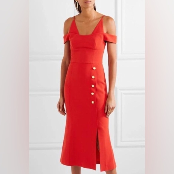NWT Rebecca Vallance Beltran Midi Dress Button Slit Skirt Off The Shoulder Red 8 - Picture 2 of 14